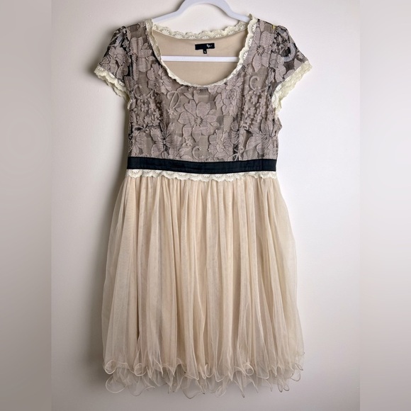 RYU | Coquette Fairy Vintage Style Lace & Tulle Black Ivory Cream Midi Dress | L - Picture 1 of 9